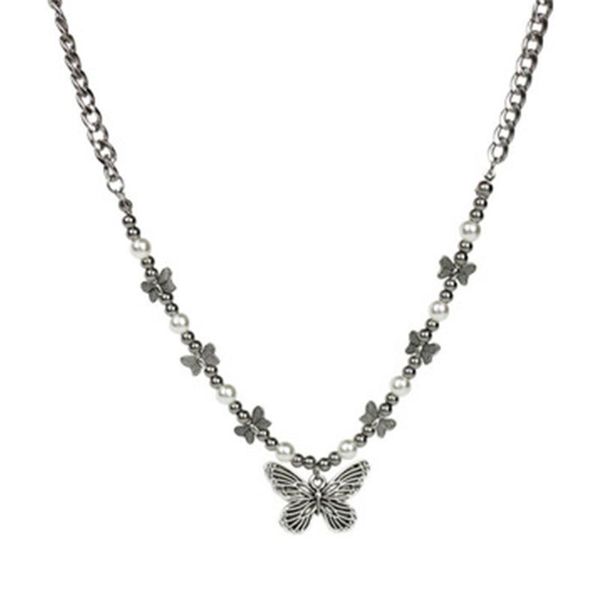 pendant necklaces gothic butterfly necklace for women choker aesthetic hippop pearl chain collar jewelry gift, Silver